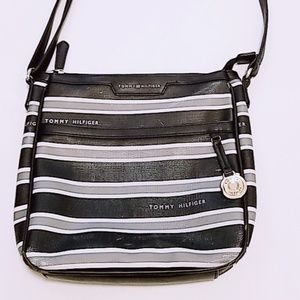 Tommy Hilfiger Black + White + Gray Striped, Vinyl CrossBody Hand Bag